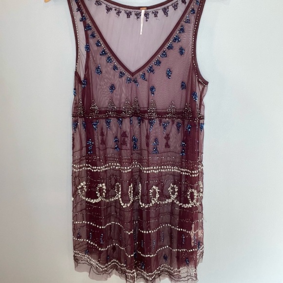 Free People Sheer Plum color sheet Verona Slip with sequins & beads size S! - Picture 2 of 5